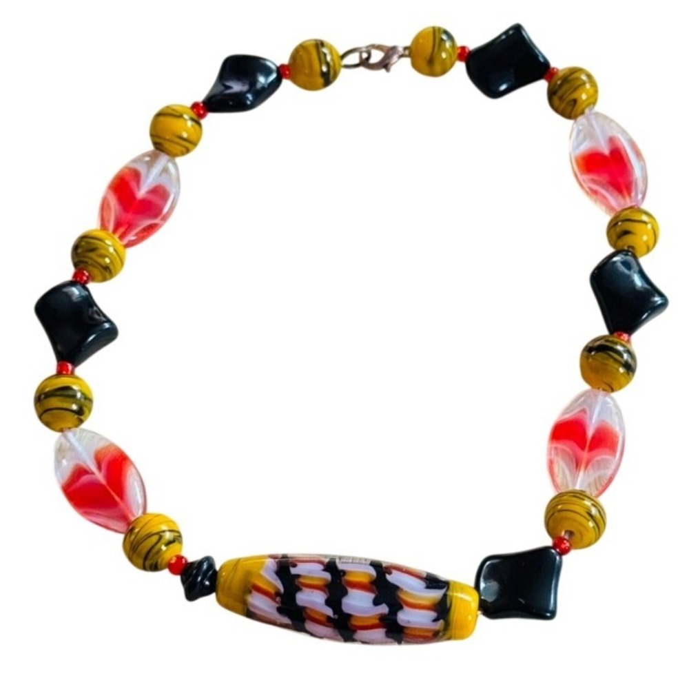 VTG Art Glass Necklace lampwork Beads colorful black red‎ orange poured 16"
